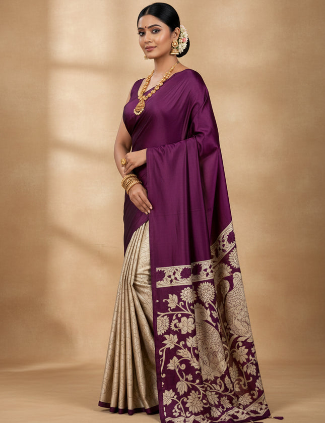 Wine kalamkari print modal satin crepe saree