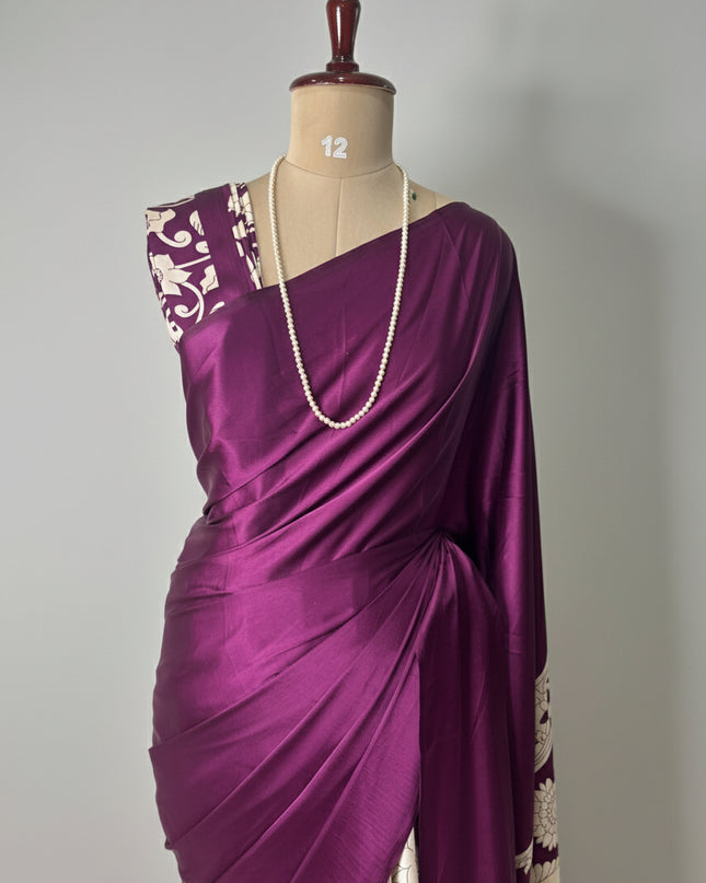 Wine kalamkari print modal satin crepe saree