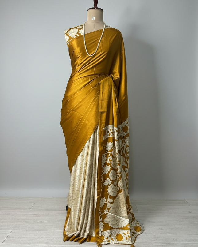 Dark mustard yellow kalamkari print modal satin crepe saree