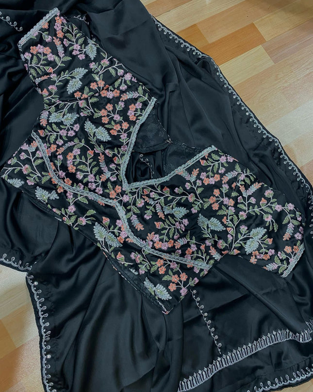 Shriya Saran inspired black satin saree- stitched blouse