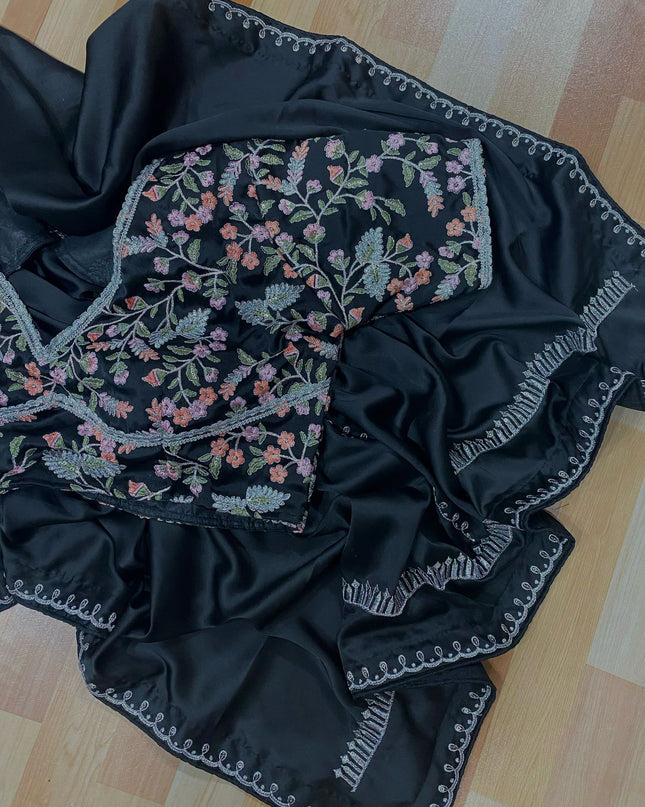 Shriya Saran inspired black satin saree- stitched blouse
