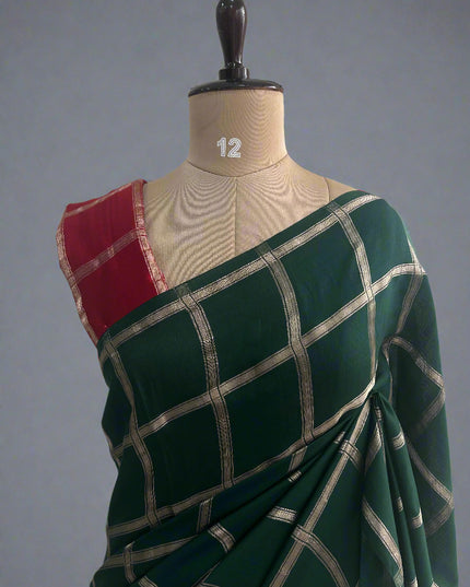 Green soft tussar crepe checks  saree