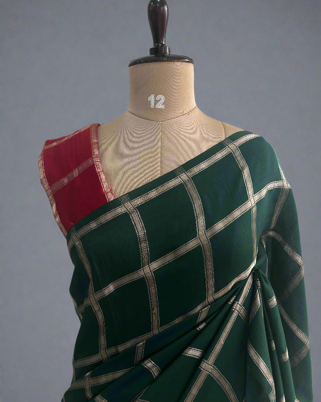 Green soft tussar crepe checks  saree