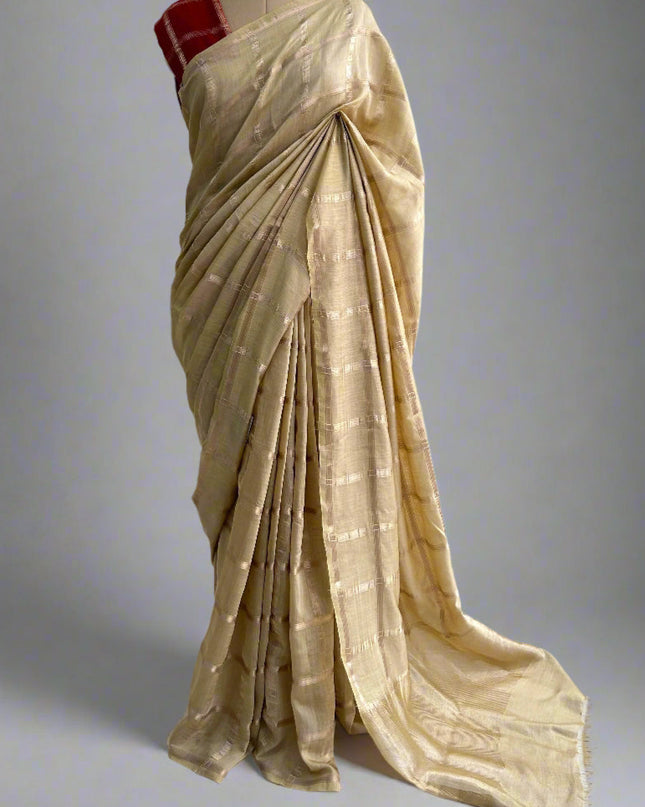 Beige soft tussar crepe checks  saree