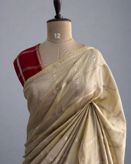 Beige soft tussar crepe checks  saree