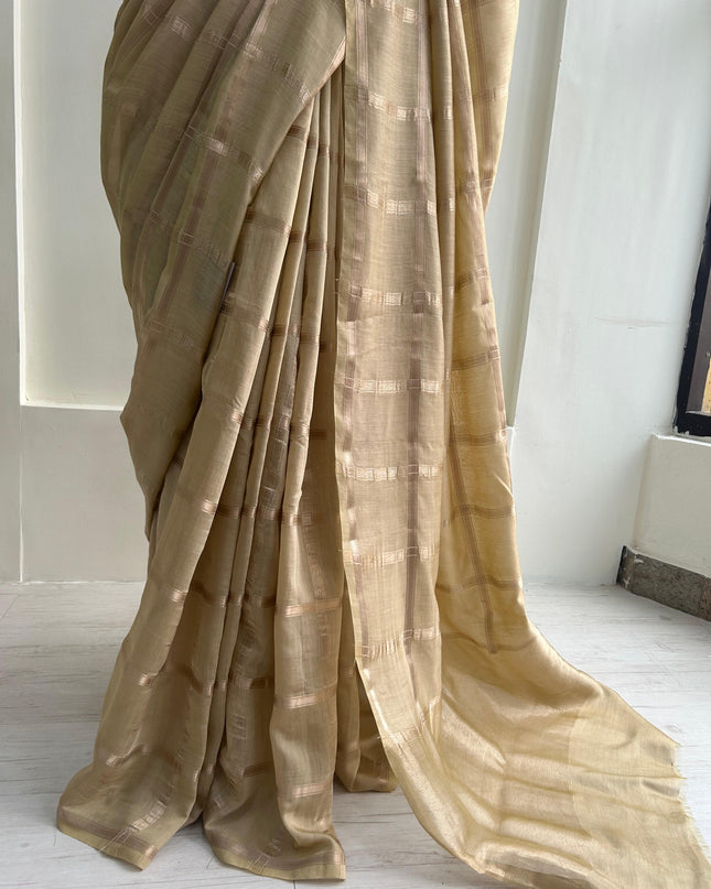 Beige soft tussar crepe checks  saree