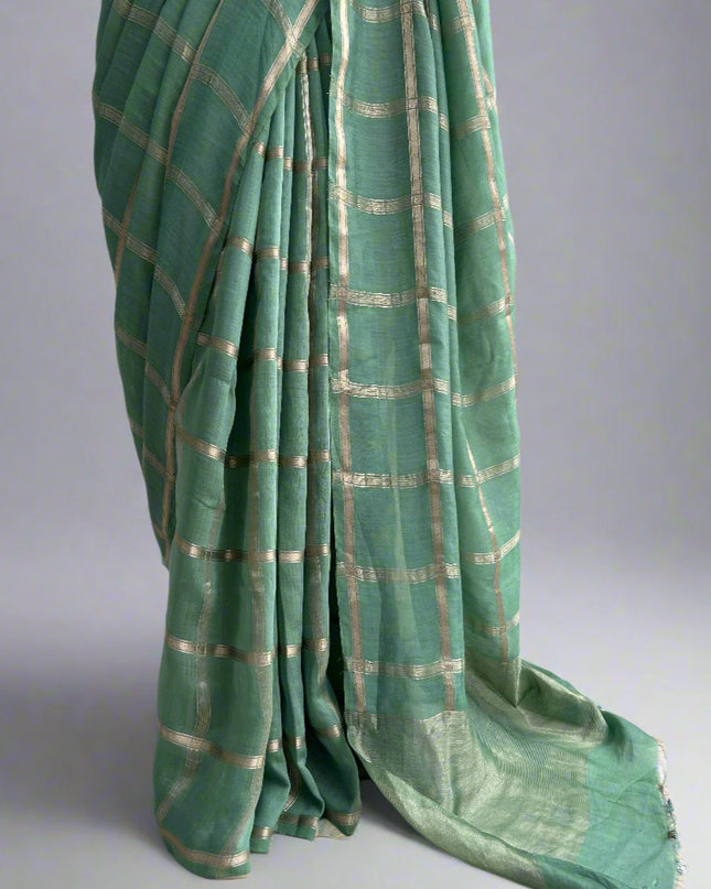 Pista green soft tussar crepe checks  saree