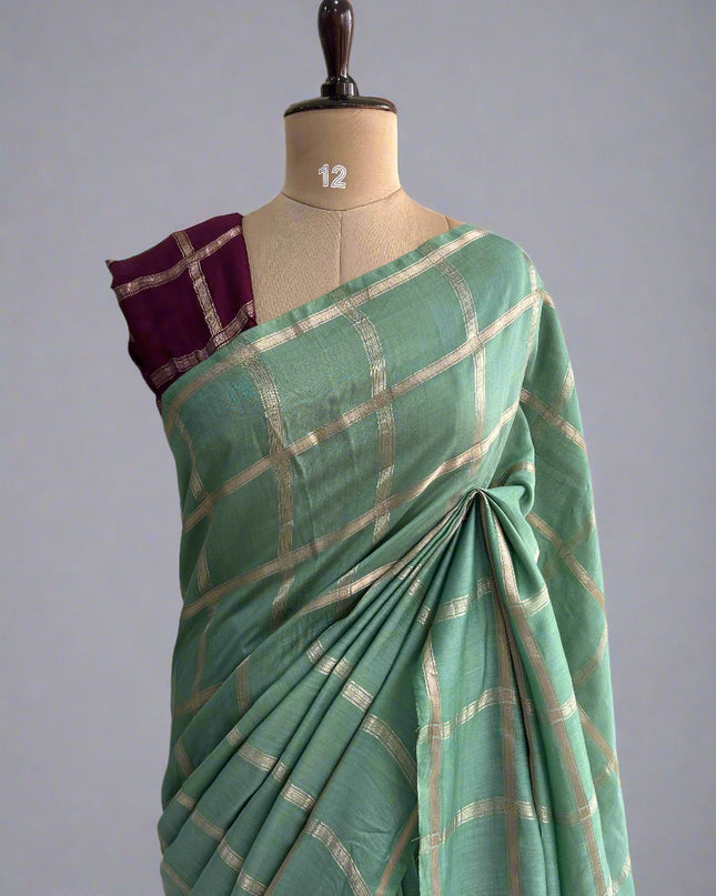 Pista green soft tussar crepe checks  saree