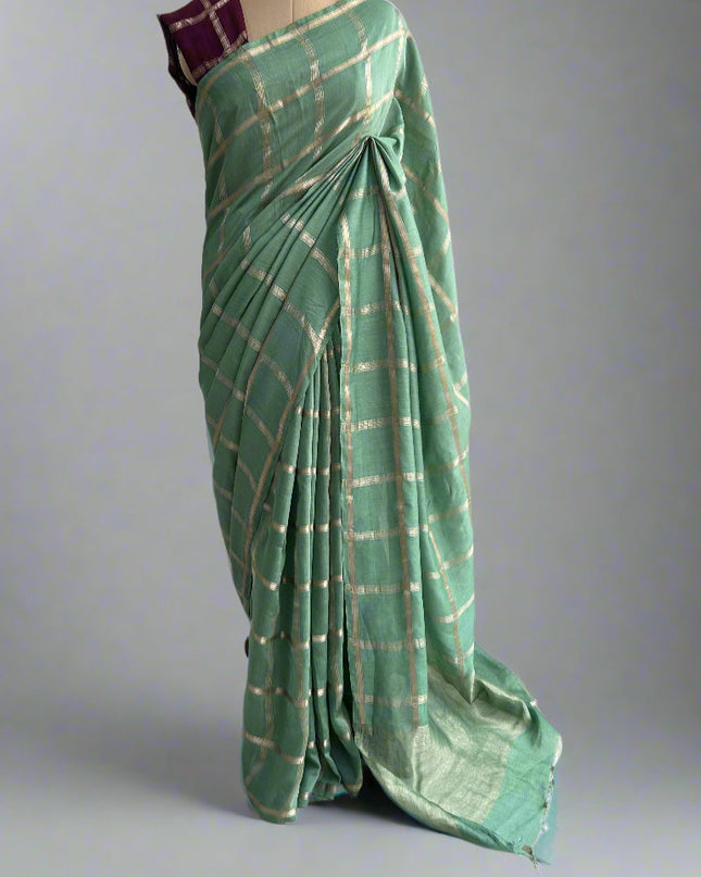 Pista green soft tussar crepe checks  saree