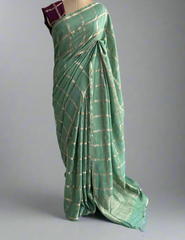 Pista green soft tussar crepe checks  saree
