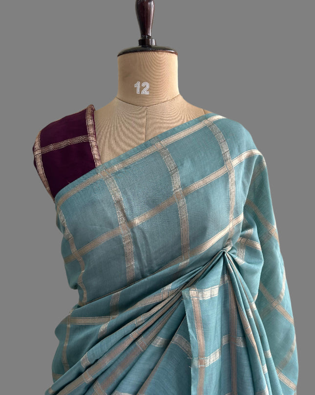 Pastel blue soft tussar crepe checks  saree