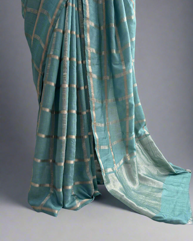 Pastel blue soft tussar crepe checks  saree