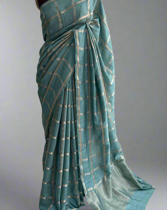 Pastel blue soft tussar crepe checks  saree