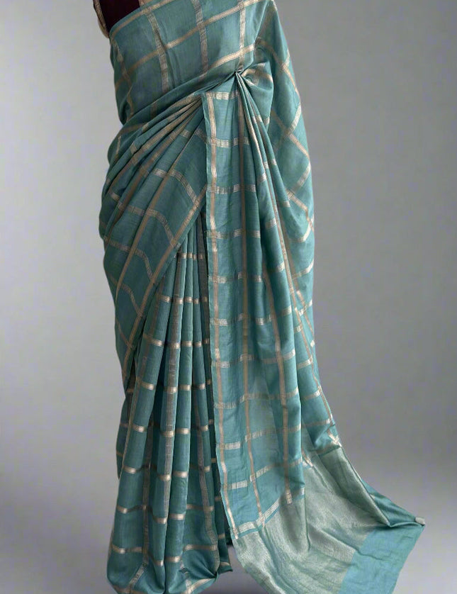 Pastel blue soft tussar crepe checks  saree