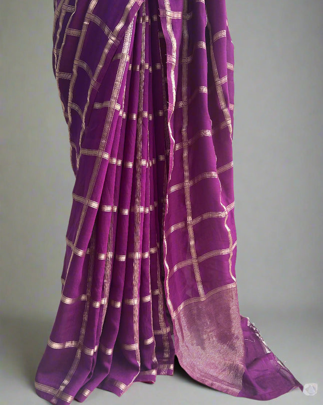 Purple soft tussar crepe checks  saree