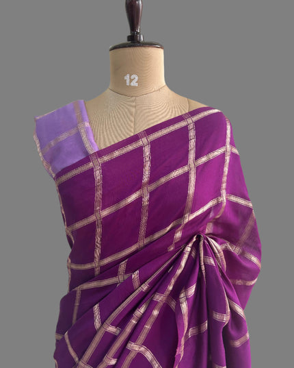 Purple soft tussar crepe checks  saree