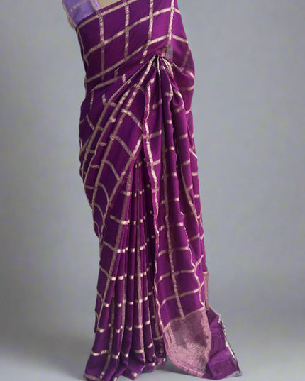 Purple soft tussar crepe checks  saree