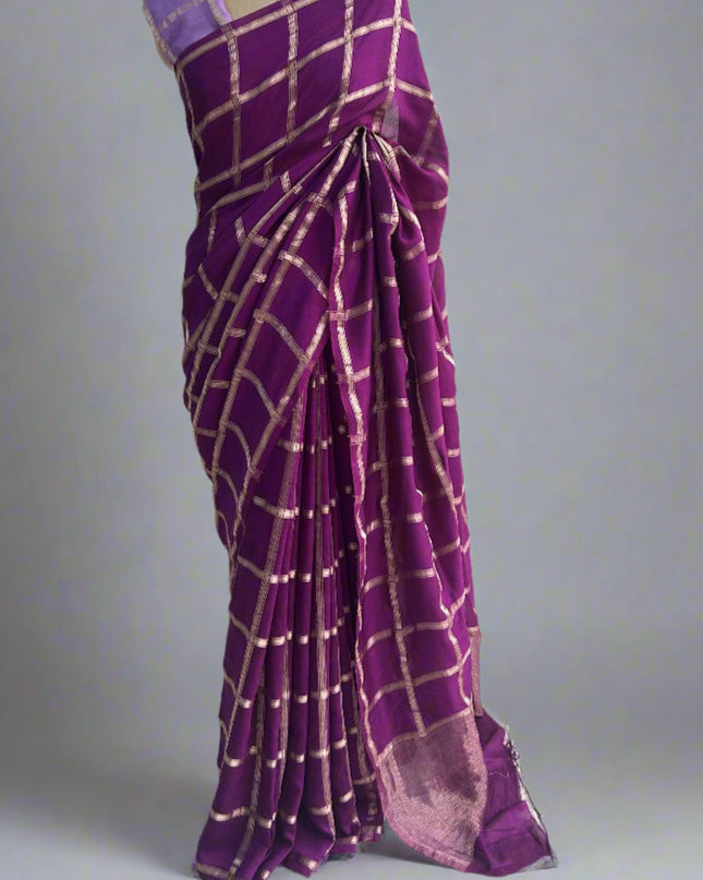 Purple soft tussar crepe checks  saree