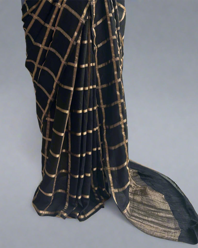 Black soft tussar crepe checks  saree