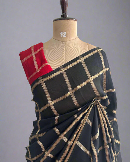 Black soft tussar crepe checks  saree
