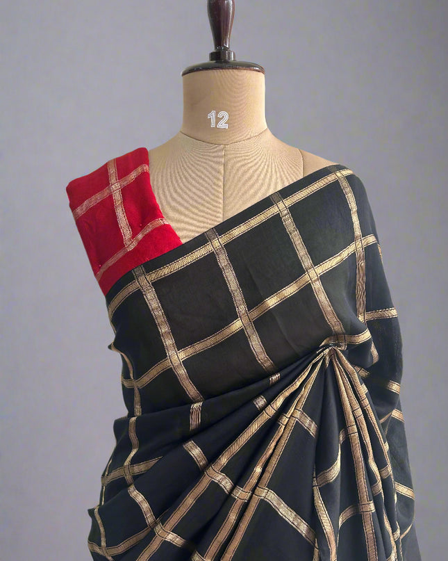 Black soft tussar crepe checks  saree