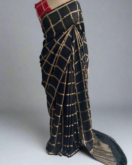 Black soft tussar crepe checks  saree