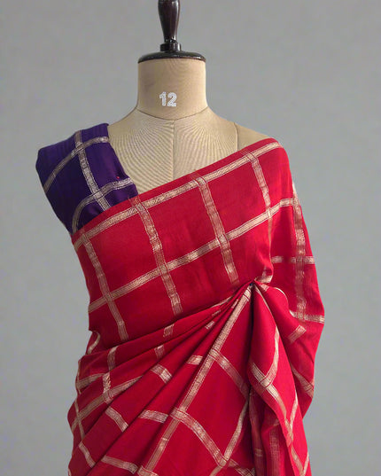 Red soft tussar crepe checks  saree