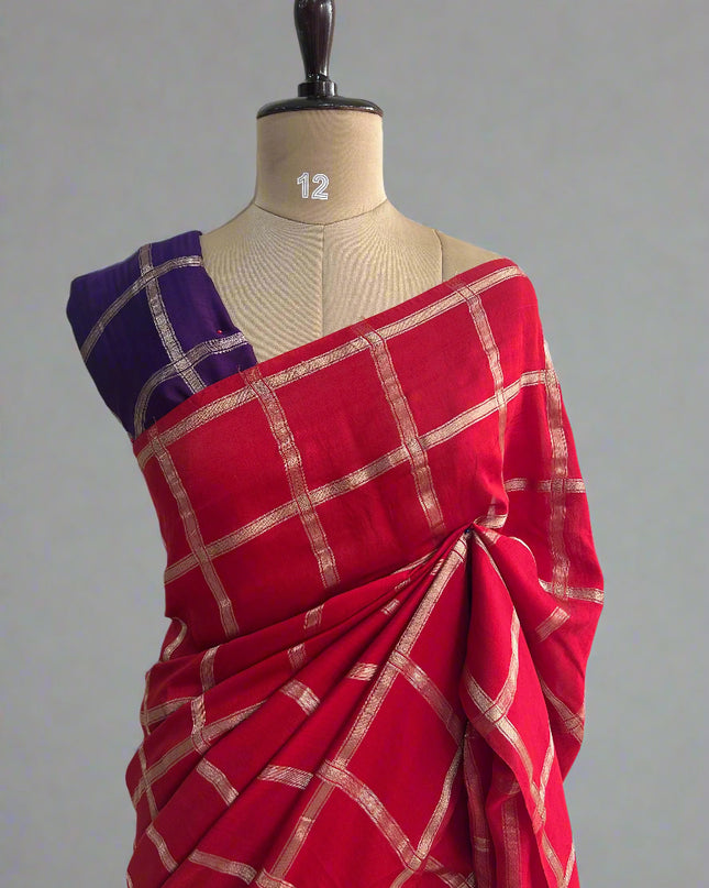 Red soft tussar crepe checks  saree
