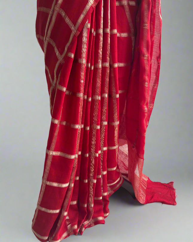 Red soft tussar crepe checks  saree