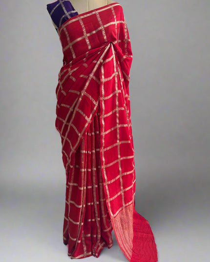 Red soft tussar crepe checks  saree