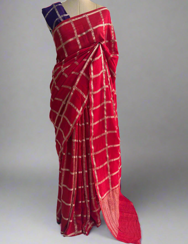 Red soft tussar crepe checks  saree