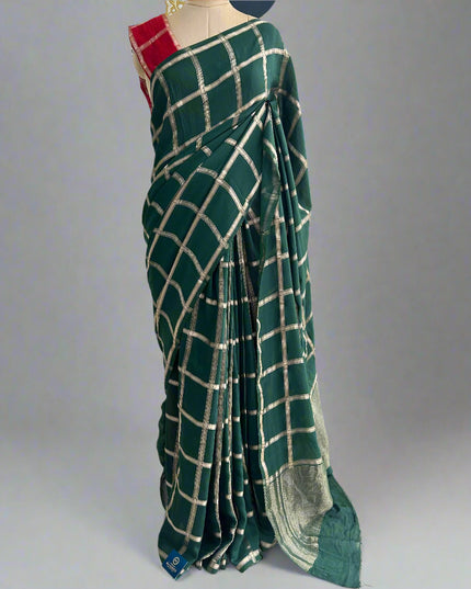 Green soft tussar crepe checks  saree
