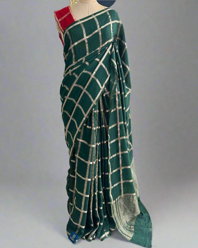 Green soft tussar crepe checks  saree