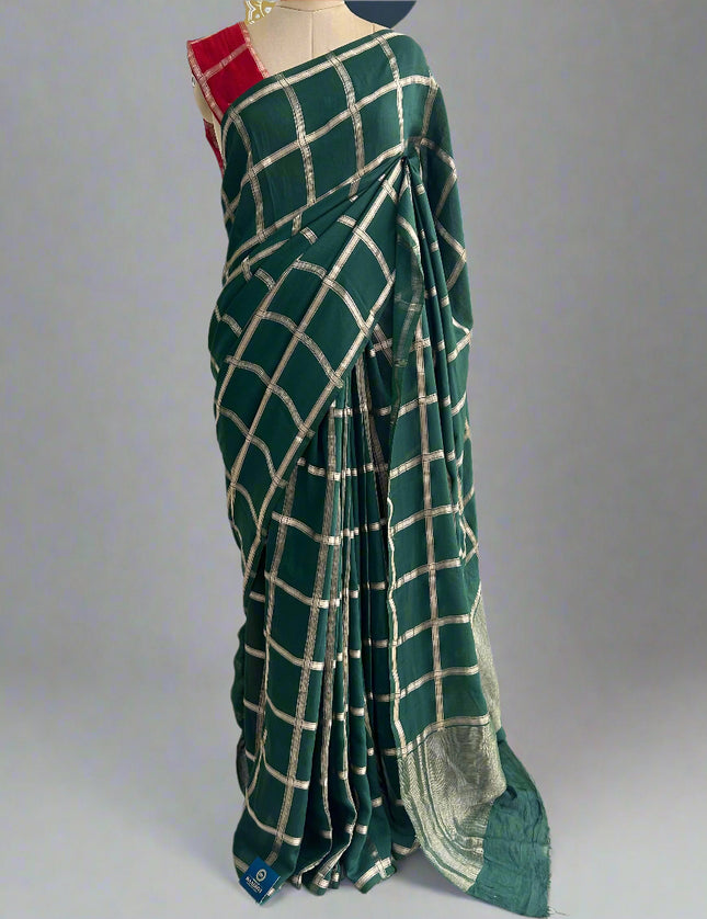 Green soft tussar crepe checks  saree