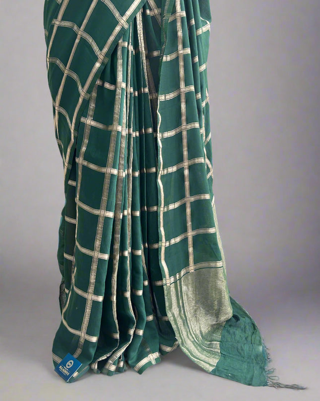 Green soft tussar crepe checks  saree