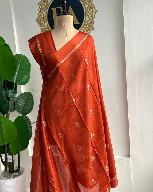 Rust orange 08 jute linen saree