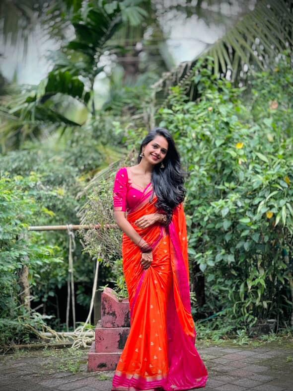 Rajatha shetty Orange n pink stripes border soft silk saree