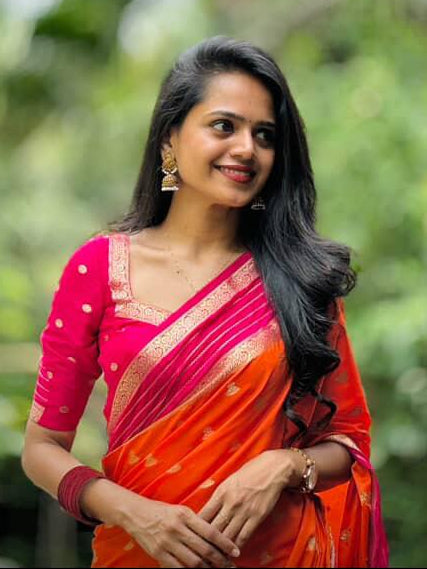 Rajatha shetty Orange n pink stripes border soft silk saree